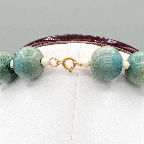 Round Green Wooden Beads Chunky Taiwan Necklace Spring Ring Clasp 18 in Vintage - Picture 6 of 8